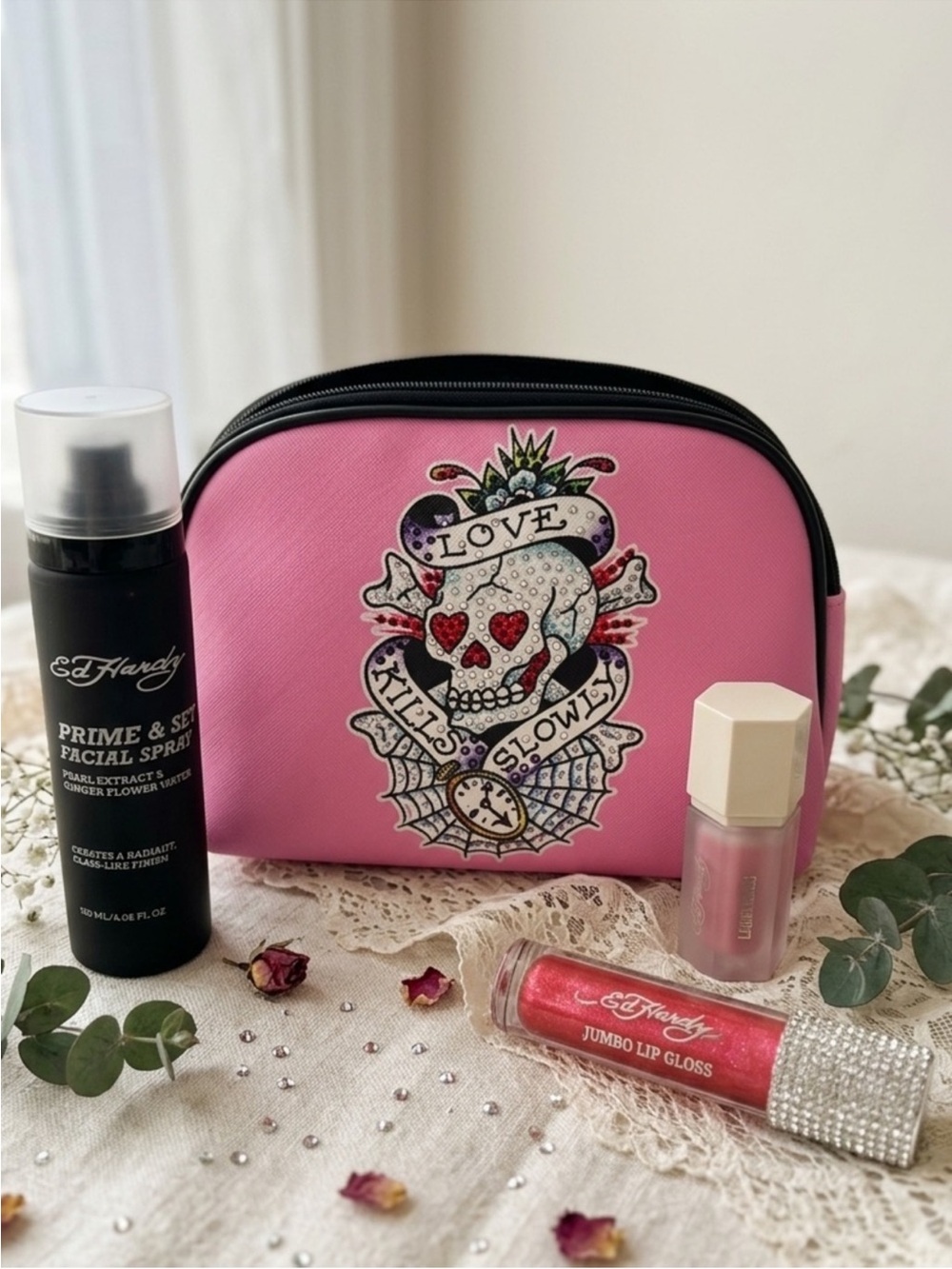 Ed Hardy 4 Piece Beauty Bundle-Lip Oil, Blush, Spray NEW